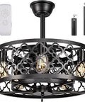 Dope Industrial 21 Inch Double Cage Ceiling Fan With Lights Remote Control Enclosed Metal Cages Black Detail