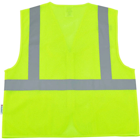 Heavy Duty Hi Vis Class Two Safety Vest With Zip Front Closure Breathable Mesh Backing Two Roomy Pockets And Handy Mic Tab For Radios In Vivid Lime For Peak Job Site Visibility In Comfortable Extra Large Cut, back view.