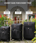 Three black softside expandable spinner luggage options for 1-3, 5-7, and 7-9 day trips in front of a tropical hotel entrance.
