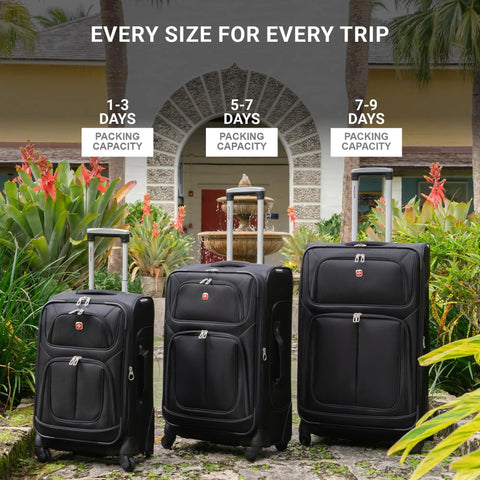 Three black softside expandable spinner luggage options for 1-3, 5-7, and 7-9 day trips in front of a tropical hotel entrance.