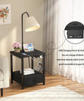 Floor Lamp With Built In Table And USB Outlet Nightstand Drawer Attached Reading Light End Table With Integrated Power For Living Room Or Bedroom Black Finish Bulb Included next to a sofa
