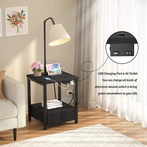 Floor Lamp With Built In Table And USB Outlet Nightstand Drawer Attached Reading Light End Table With Integrated Power For Living Room Or Bedroom Black Finish Bulb Included next to a sofa