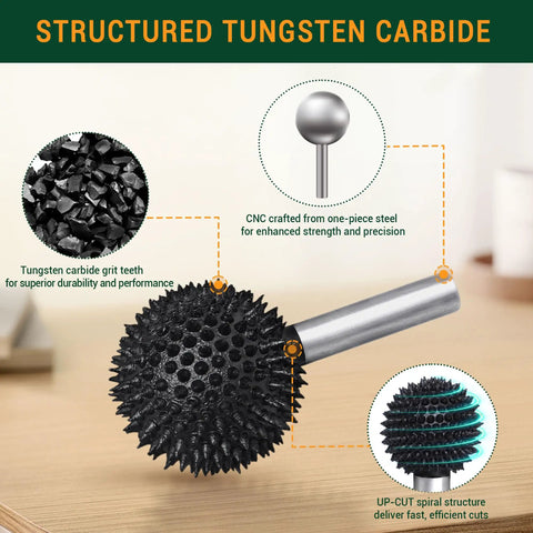 Coarse Sphere Rotary Burr For Wood Carving, Quarter Inch Shaft, Ball End Rasp Bit, Heavy Duty Tungsten Carbide, Fits Bosch Tools