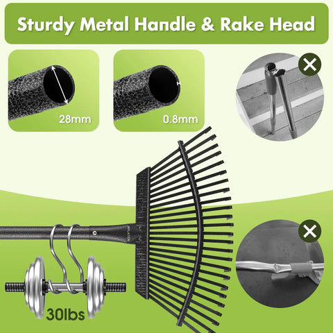 Heavy Duty Metal Leaf Rake With Adjustable 79 Inch Handle And 18 Inch Wide Head Featuring 25 Sturdy Tines; durability test.