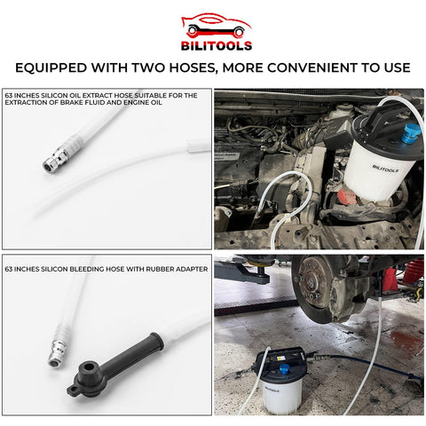 One Person Brake Bleeder Vacuum Pump Kit For Air Compressor Pneumatic Brake System And Clutch Fluid Bleeding Extractor shown with car engine.
