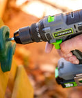 Beefy 20V Cordless Drill With One Half Inch Metal Ratcheting Chuck 450 Inch Pounds Of Torque shown drilling into wood