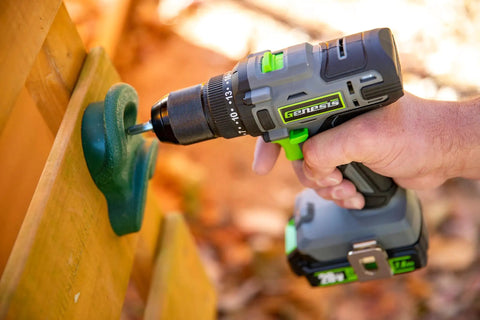 Beefy 20V Cordless Drill With One Half Inch Metal Ratcheting Chuck 450 Inch Pounds Of Torque shown drilling into wood