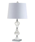 Crystal Column Table Lamp 26 Inches, Glam Transitional Chrome Metal Base With White Linen Shade, LED Bulb Included