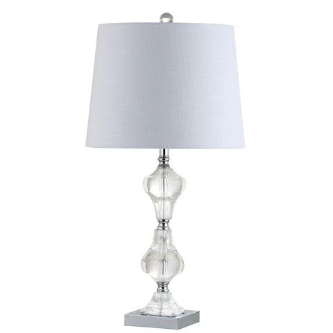 Crystal Column Table Lamp 26 Inches, Glam Transitional Chrome Metal Base With White Linen Shade, LED Bulb Included