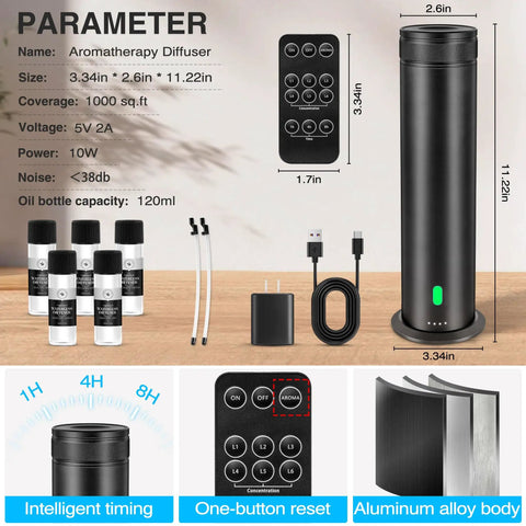No Water Needed Scent Diffuser Starter Kit For Home And Hotel, Sleek Aluminum Tower Design with essential oils and remote control