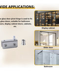 Applications of No-Drill Glass Door Pivot Hinge Set for 4-6mm Glass in display cabinets, slider doors, bathroom with stainless steel clamps
