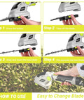 Lightweight Cordless Grass Shear That Handles Like A Charm And Cuts Thick Shrubs Like Butter While Working Hard As A Smooth Hedge Trimmer With A Flip Pivot Head Plus An 8V Power Pack And Cable For Zero Hassle Yard Chores showing step-by-step blade change.