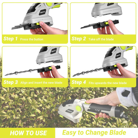 Lightweight Cordless Grass Shear That Handles Like A Charm And Cuts Thick Shrubs Like Butter While Working Hard As A Smooth Hedge Trimmer With A Flip Pivot Head Plus An 8V Power Pack And Cable For Zero Hassle Yard Chores showing step-by-step blade change.