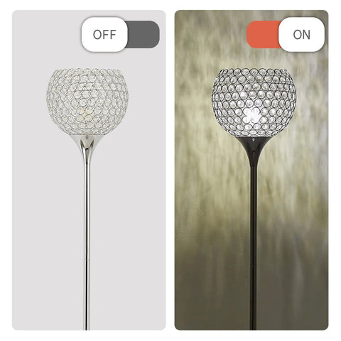 Lit Silver Spherical Crystal Floor Lamp With Elegant Bead Shade Tall Chrome Pole Standing Light Modern LED Home Decor For Living Room Bedroom Or Office E26 Base LED Bulb Included, lamp off and on
