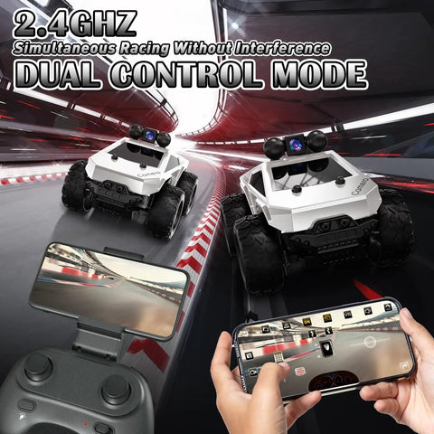 Dual control mode with two All Terrain RC Car With 720P FPV Camera And Remote Control, 1:28 Scale, on a racing track