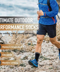 Man running on rocky terrain wearing blue jacket, black shorts, and Merino Wool Hiking Crew Socks For Men And Women, Thick Cushioned Anti Blister.