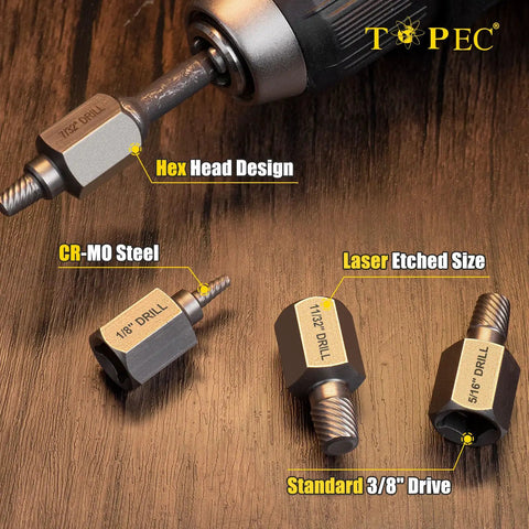 2 In 1 Screw Extractor Set With Three Eighths Inch Drive For Bolt Removal Includes One Eighth And Seven Thirty Second Inch Bits Made From Chrome Molybdenum Steel Hex Head Design Works With Wrench Or Power Tools Two Pack on display, showing hex head and CR-MO steel.