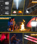Abpir318 PCS emergency survival kit collage showing flashlight, camping lantern, pink light sticks, tents, campfire.