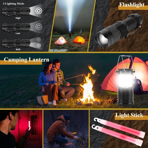 Abpir318 PCS emergency survival kit collage showing flashlight, camping lantern, pink light sticks, tents, campfire.