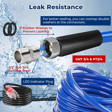 30ft heated RV water hose with stainless steel fittings, blue hose and LED indicator plug.