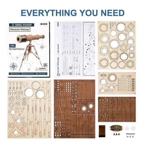 3D Wooden Puzzle Model Building Kit For Adults, DIY Wood Monocular Telescope Kit With Seaspray Pattern And Leather Nameplate parts and instructions
