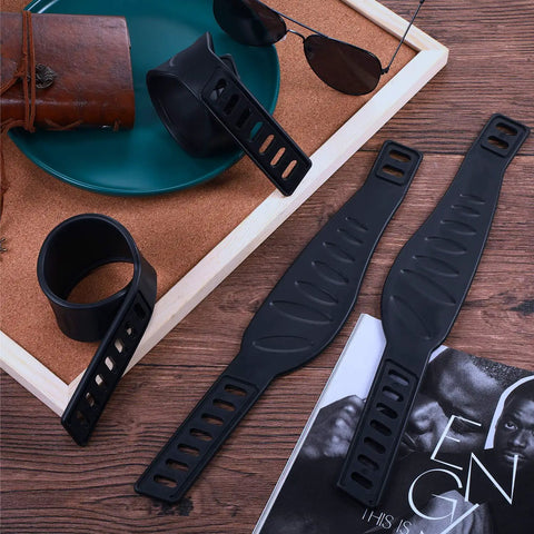 Black universal bike pedal straps, durable rubber, wider and longer design for maximum comfort, fits up to 12.99 inches long.