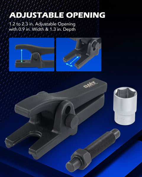 Universal Ball Joint Separator Tool For Cars And Light Trucks With Adjustable Opening shown with 1/2 inch socket and bolt.