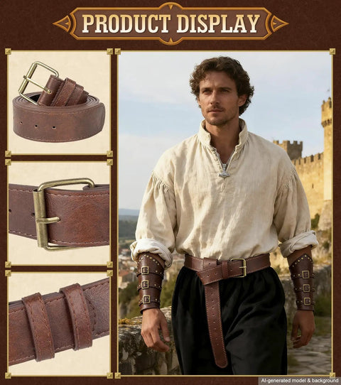 Top Shelf Medieval Adventurer Kit Beefy Leather Belt and Fitted Arm Bracers worn by model in natural setting.