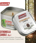Pine Scent Citronella Candle With Wooden Crackle Wick Outdoor 6 Ounce Tin shown with forest background