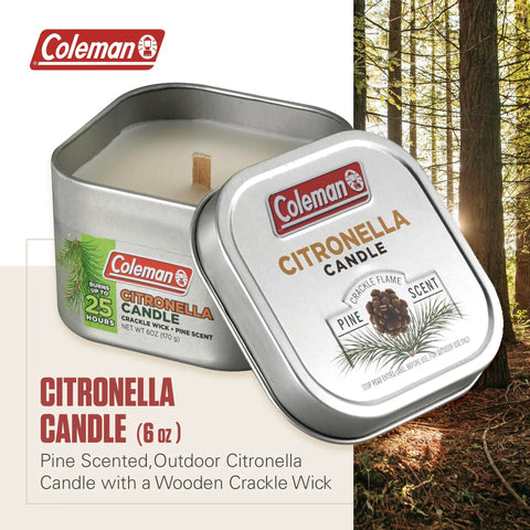 Pine Scent Citronella Candle With Wooden Crackle Wick Outdoor 6 Ounce Tin shown with forest background