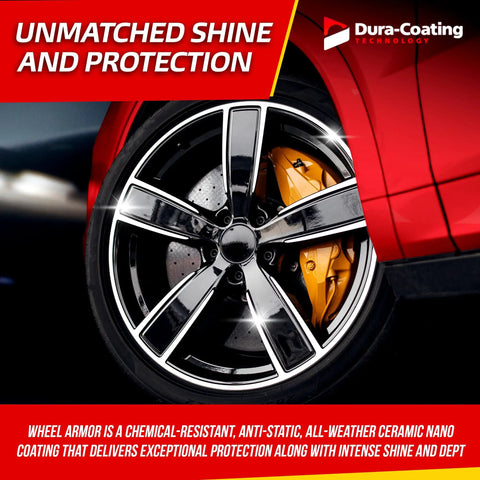 Wheel Armor Nano Ceramic Coating Spray For Wheels Metal Paint Plastic Glass Repels Water Dirt Debris And Oils For Ultra Durable Shine And Beast Mode Protection Made In USA wheel on red car