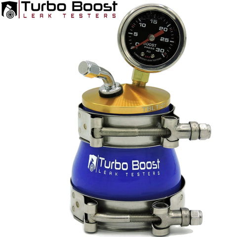 Turbo Boost Leak Tester kit, blue silicone base with brass top, pressure gauge and metal hose clamps