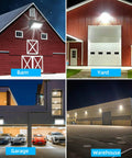 150W LED Wall Pack Outdoor Security Light illuminating barn, yard, garage, and warehouse for broad perimeter security.