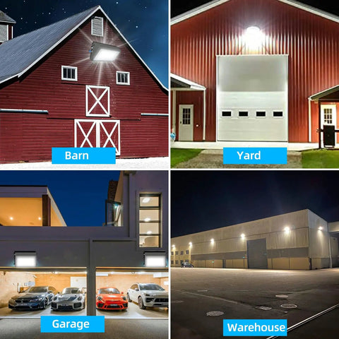 150W LED Wall Pack Outdoor Security Light illuminating barn, yard, garage, and warehouse for broad perimeter security.