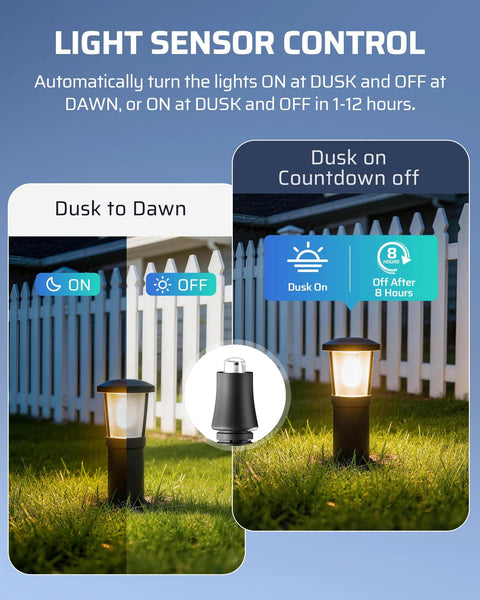 Outdoor Low Voltage Landscape Transformer 200W Easy Plug In Setup Three Independent Outputs Dusk To Dawn Photocell Sensor Countdown Timer With Memory Weatherproof ETL Listed 120V AC To 12V Or 14V For Landscape Lighting, showing dusk to dawn and countdown timer display over garden light.