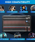 Sixteen Channel Digital Audio Mixer With 48V Phantom Power USB Slot LED Screen Bluetooth And Pro Grade Mic Preamps