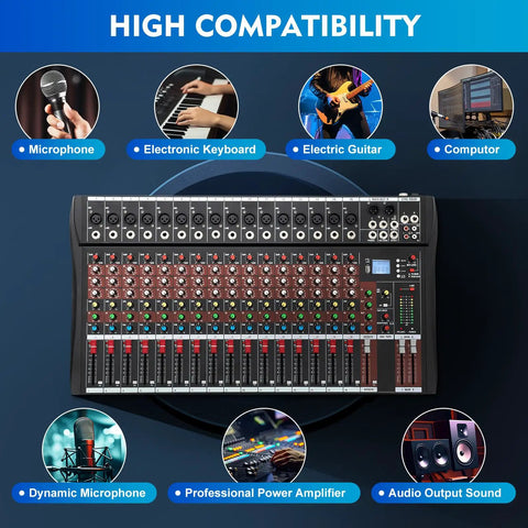 Sixteen Channel Digital Audio Mixer With 48V Phantom Power USB Slot LED Screen Bluetooth And Pro Grade Mic Preamps