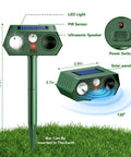 Motion Sensor Ultrasonic Outdoor Animal Deterrent With LED Strobe Lights For Cats, Dogs, Deer, Fox, Raccoon, Squirrel, Skunk And Rabbit For A No Fuss Lawn Yard Wildlife Repeller 2 Pack, green ABS, 17.5in stake