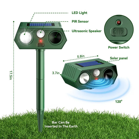 Motion Sensor Ultrasonic Outdoor Animal Deterrent With LED Strobe Lights For Cats, Dogs, Deer, Fox, Raccoon, Squirrel, Skunk And Rabbit For A No Fuss Lawn Yard Wildlife Repeller 2 Pack, green ABS, 17.5in stake