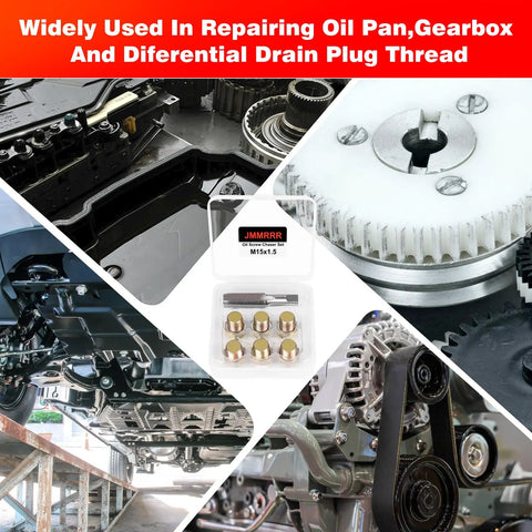 Oil Drain Plug Thread Repair Kit M15 X 1.5mm Rethread Tool shown with installation in cars and various components.