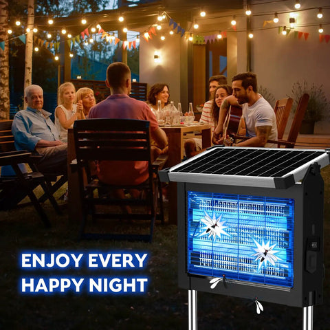 Solar Bug Zapper Outdoor Mosquito Killer 4500V Waterproof Portable Cordless Fly Trap shown in garden setting
