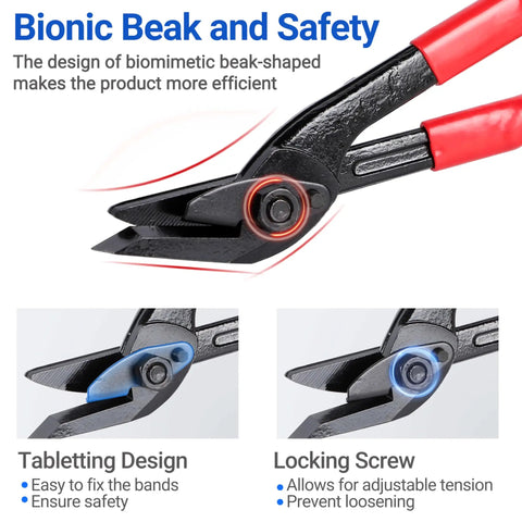 Close-up of Heavy Duty 12 Inch Strapping Cutter With Wide Blade, Chrome Vanadium Steel design showcasing locking screws and safety features.