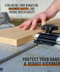 Using Pro Grade Thin Rip Table Saw Jig Guide for Router And Band Saw on a piece of wood for precise and safe thin rip cuts.