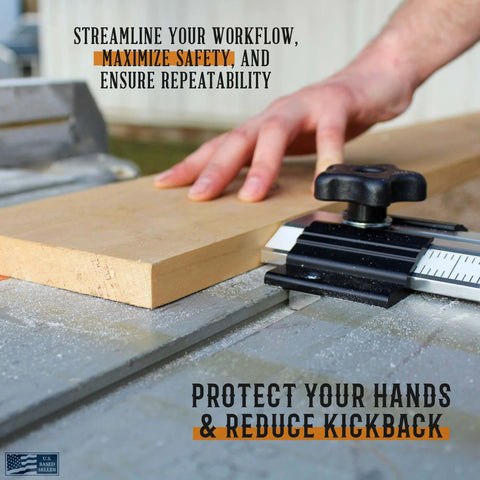 Using Pro Grade Thin Rip Table Saw Jig Guide for Router And Band Saw on a piece of wood for precise and safe thin rip cuts.