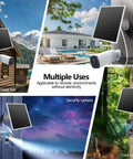 Image showcasing 8W Outdoor Solar Panel For Security Cameras With 5V USB And USB C Fast Charging, mounted in various locations.