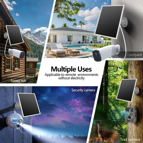 Image showcasing 8W Outdoor Solar Panel For Security Cameras With 5V USB And USB C Fast Charging, mounted in various locations.