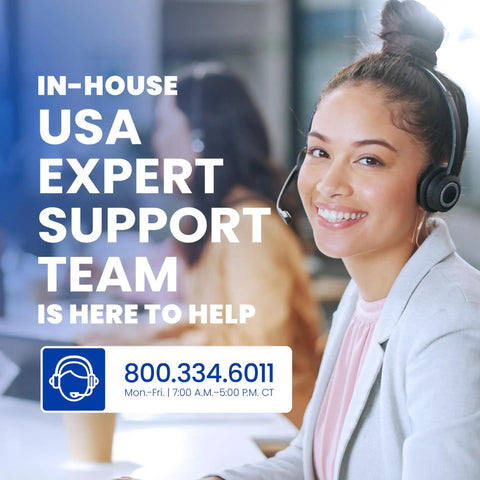 Smiling support representative wearing headset, text: 'In-House USA Expert Support Team Here to Help, 800.334.6011'