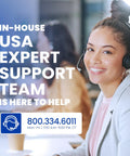 Smiling woman with headset, part of in-house USA expert support team, contact number displayed