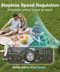 Family picnic using Portable Camping Fan With 20000mAh Battery Remote And Led Lantern, shown with stepless speed control feature.