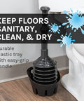 Black Bellows Accordion Toilet Plunger With Drip Tray next to toilet highlighting easy-grip handle, durable design for mess-free use.